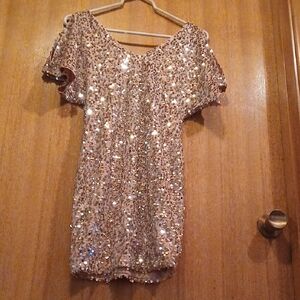 AS U WISH Pink Silver Cold Shoulder Sparkle Sequin Knee Length Dress Size Small